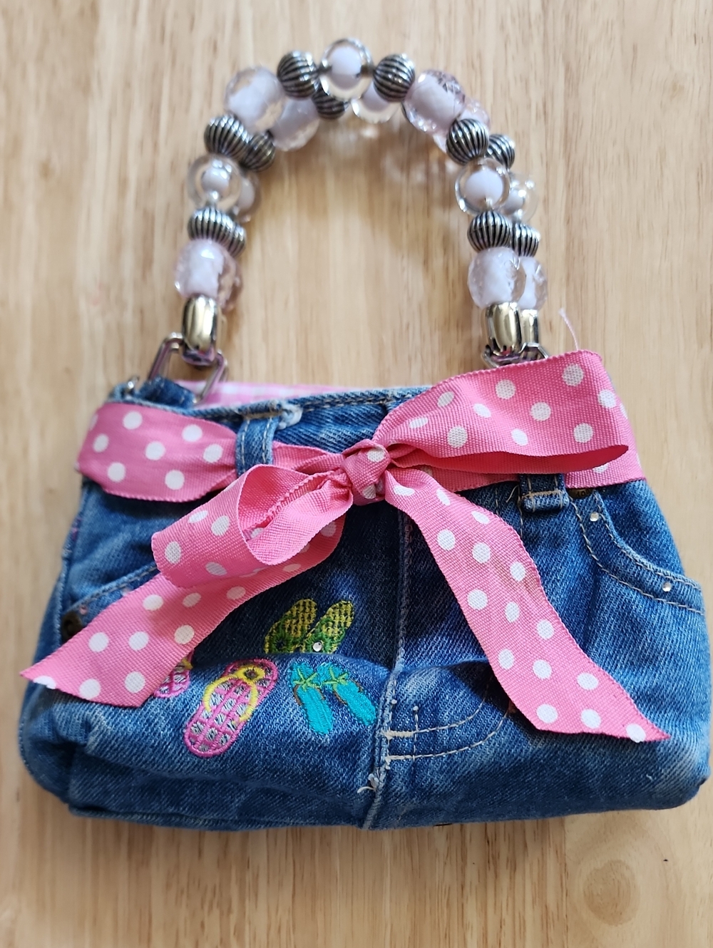 Y2K Kidcore Mini Blue Jean Purse w/ Beaded Handle & Pink and White Polkadot Bow